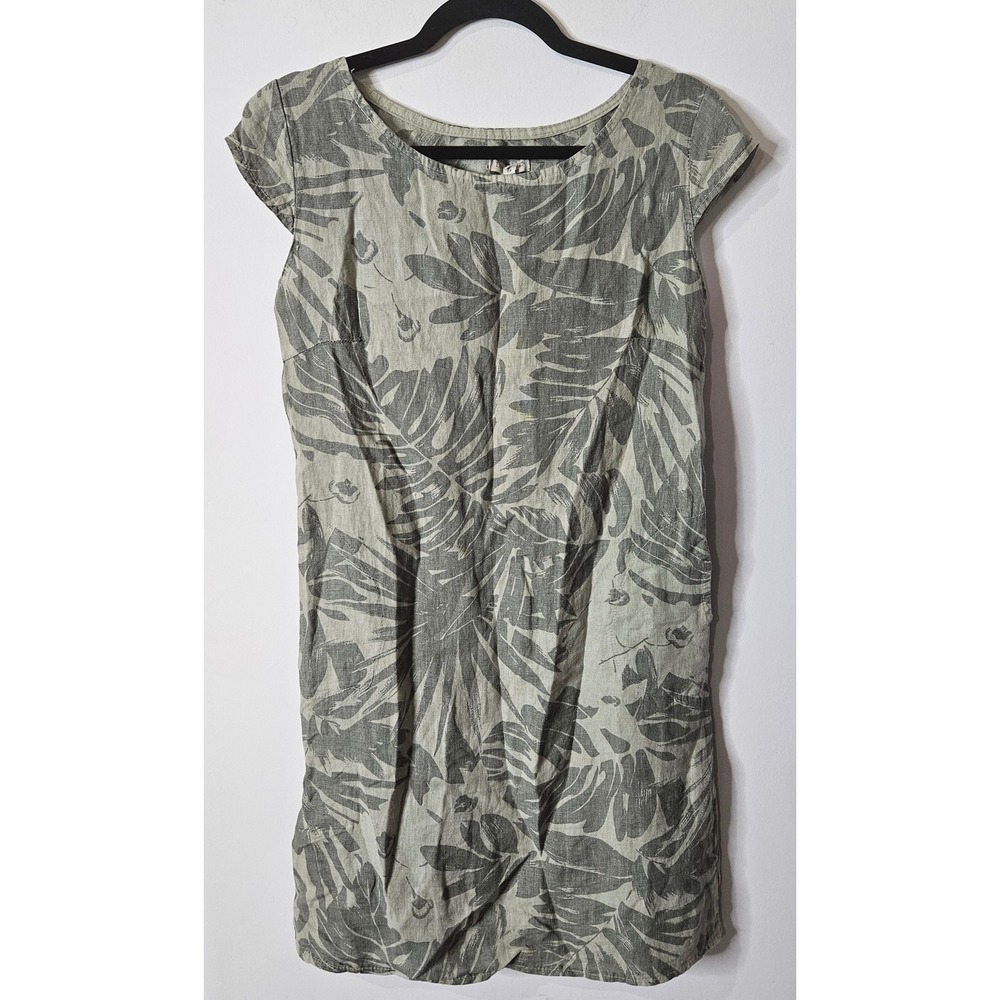 Lina Tomei Italy Linen Tropical Leaf Print Shift Dress Green Coastal Preppy Med